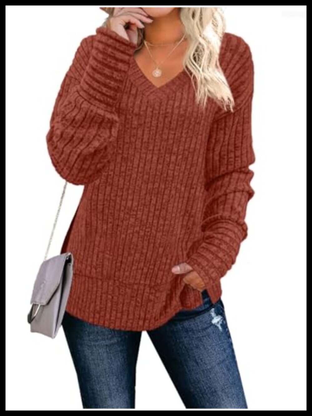 Womens V Neck Long Sleeve Loose Casual Sweater Pullover